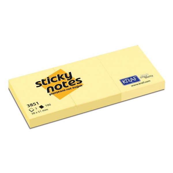 Kraf Yapışkanlı Not Kağıdı 38x51 Sarı 3’Lü