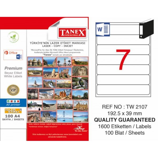 Tanex Tw-2107 Yazıcı Etiketi 192.5 x 39 Mm 1.600 Adet - Beyaz