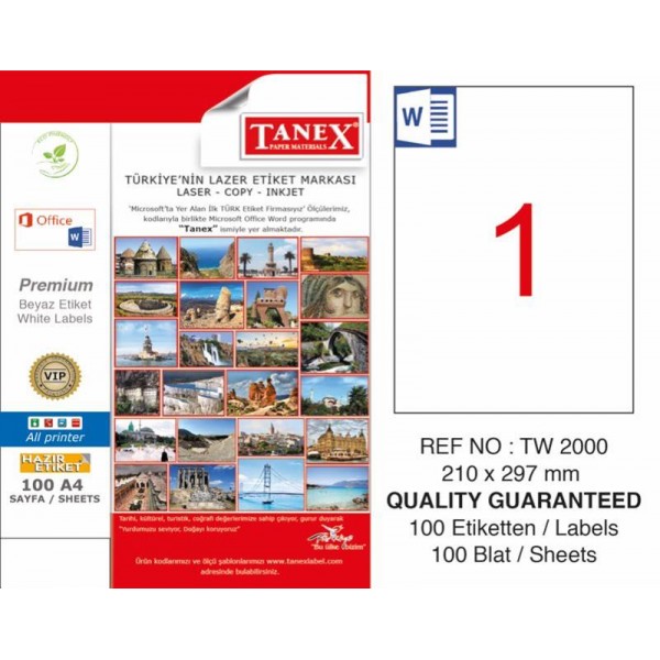 Tanex TW-2000 Yazıcı Etiketi 210 x 297 mm 100 Adet - Beyaz