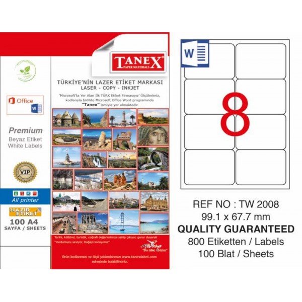 Tanex TW-2008 Yazıcı Etiketi 99 x 67 mm 800 Adet - Beyaz
