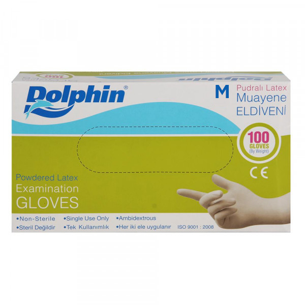 Dolphin Muayene Eldiveni Lateks Pudralı 100 Adet Beyaz - Medium