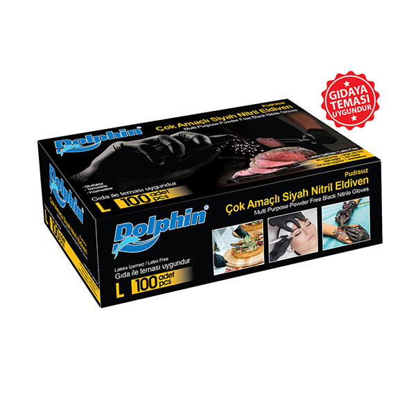Dolphin Nitril Eldiven Pudrasız 100 Adet Siyah - Large